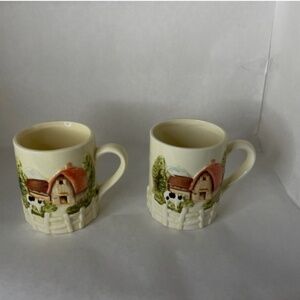 Marks & Rosenfeld Vintage Ceramic Mugs w /Raised Embossed Farm Scene Lot of 2
